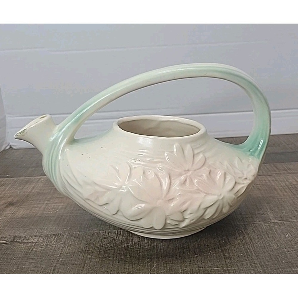 Vintage McCoy Flower Tea Pot Green Pink Mid Century Modern Pottery No Lid